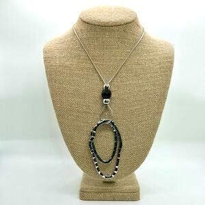 Hammered Silver Rings Pendant Necklace Black Bead Snake Chain Statement Piece